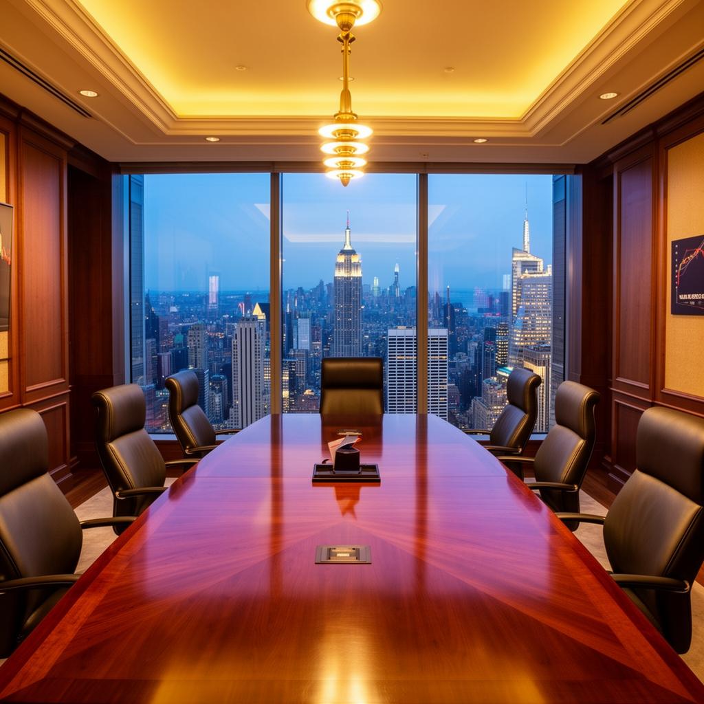 RareGem Capital executive boardroom with city skyline view